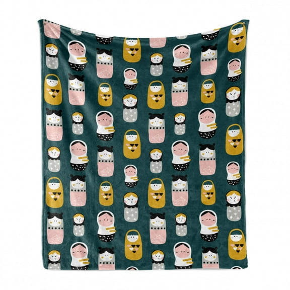 Scandinavian Soft Flannel Fleece Throw Blanket, Nesting Dolls on a Dark Teal Background, Cozy Plush for Indoor and Outdoor Use, 50" x 60", Teal Multicolor, by Ambesonne