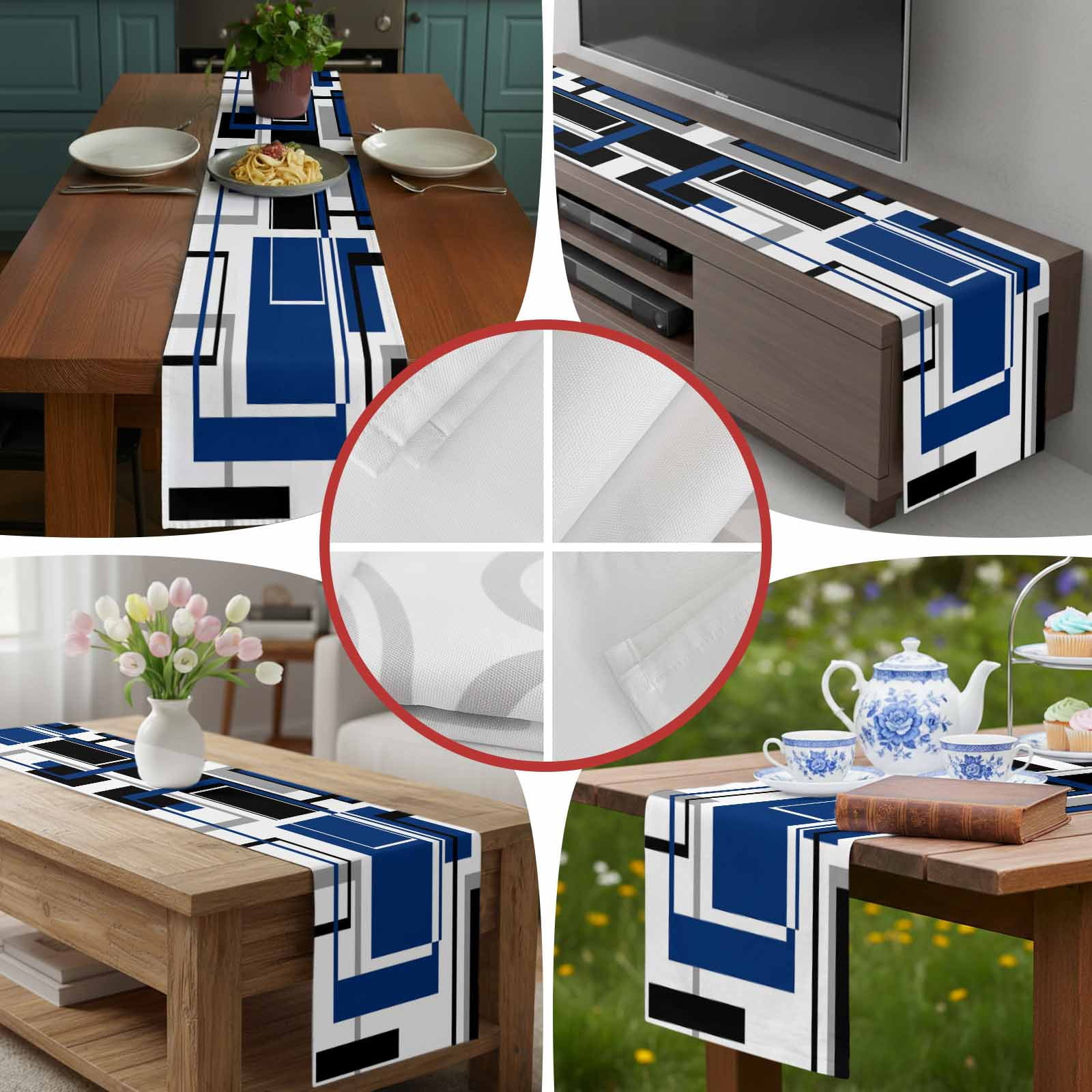 Abstract Geometric Navy Blue Color Block Table Runner 90 Inches Long, Gray Stripe Modern Art Table Runners Tabletop Scarf Kitchen Dining Tables Decoration for Home Party Indoor Outdoor