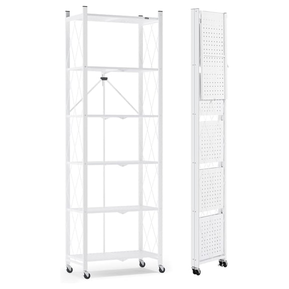 73.6 Inch Folding Bookshelf, 6 Tier Metal Bookcase and Bookshelves, Tall Shelves for Living Room Office Bedroom, Heavy Duty Book Shelve Free Standing Open (White, 1PACK)