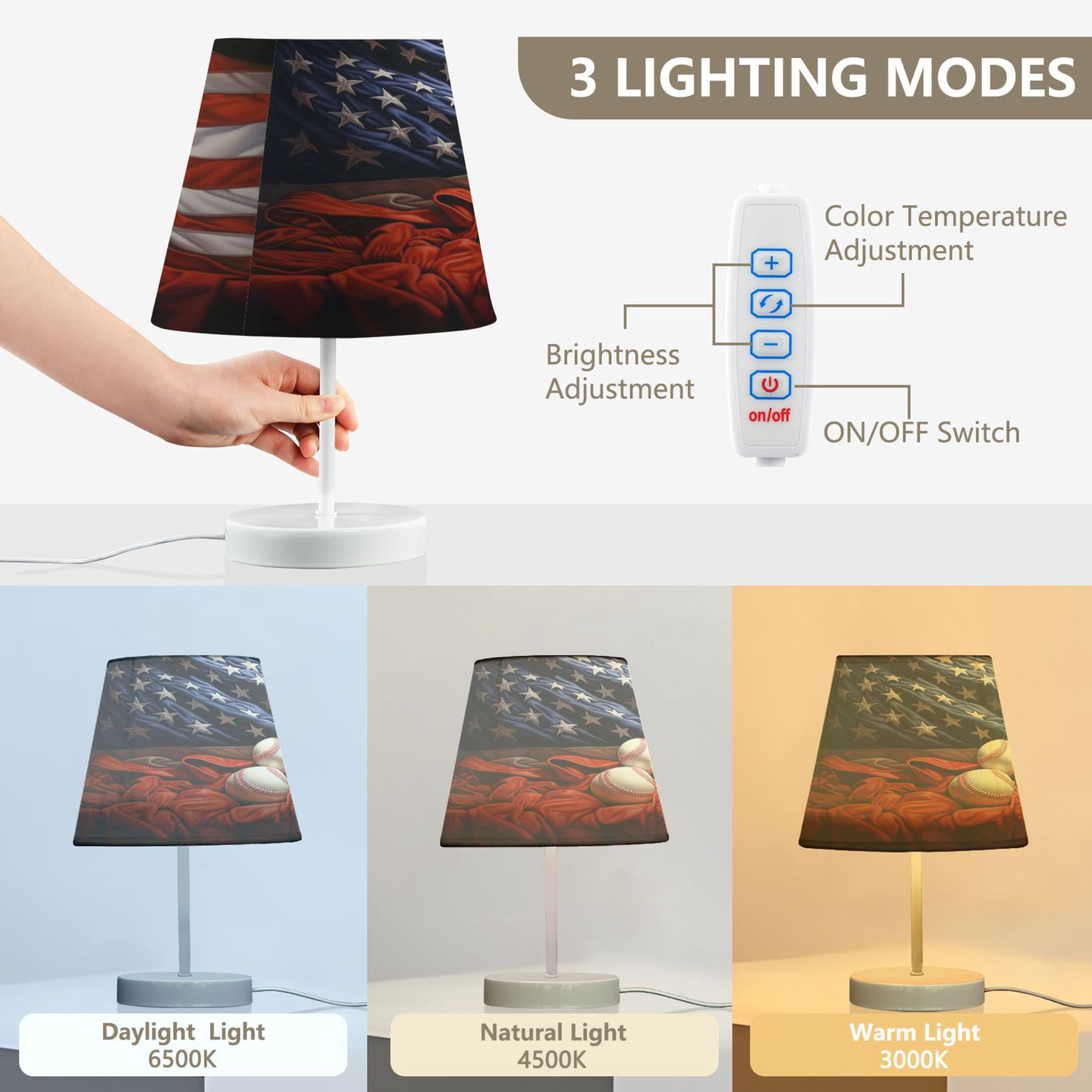 American Flag and Baseball Desk Lamp LED Table Nightstand Lamps with 3 Color Temperatures for Home Bedroom Living Room Decor 8x12