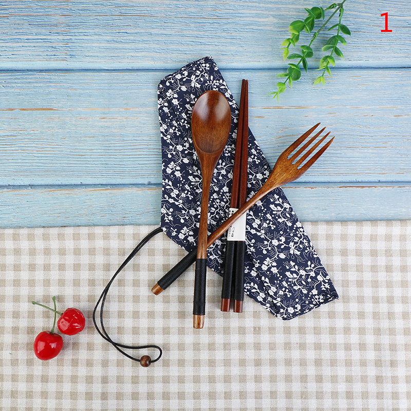 Japanese Style Cutlery Set Spoon Fork Chopsticks Natural Wooden Cloth Bag