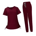 thumbnail image 4 of Uniformes de trabajo de enfermera, conjuntos de ropa de trabajo para mujeres, hombres, camisetas con cuello en V y pantalones para correr, resistentes Rojo oscuro XL Yinane Uniformes de trabajo, 4 of 8