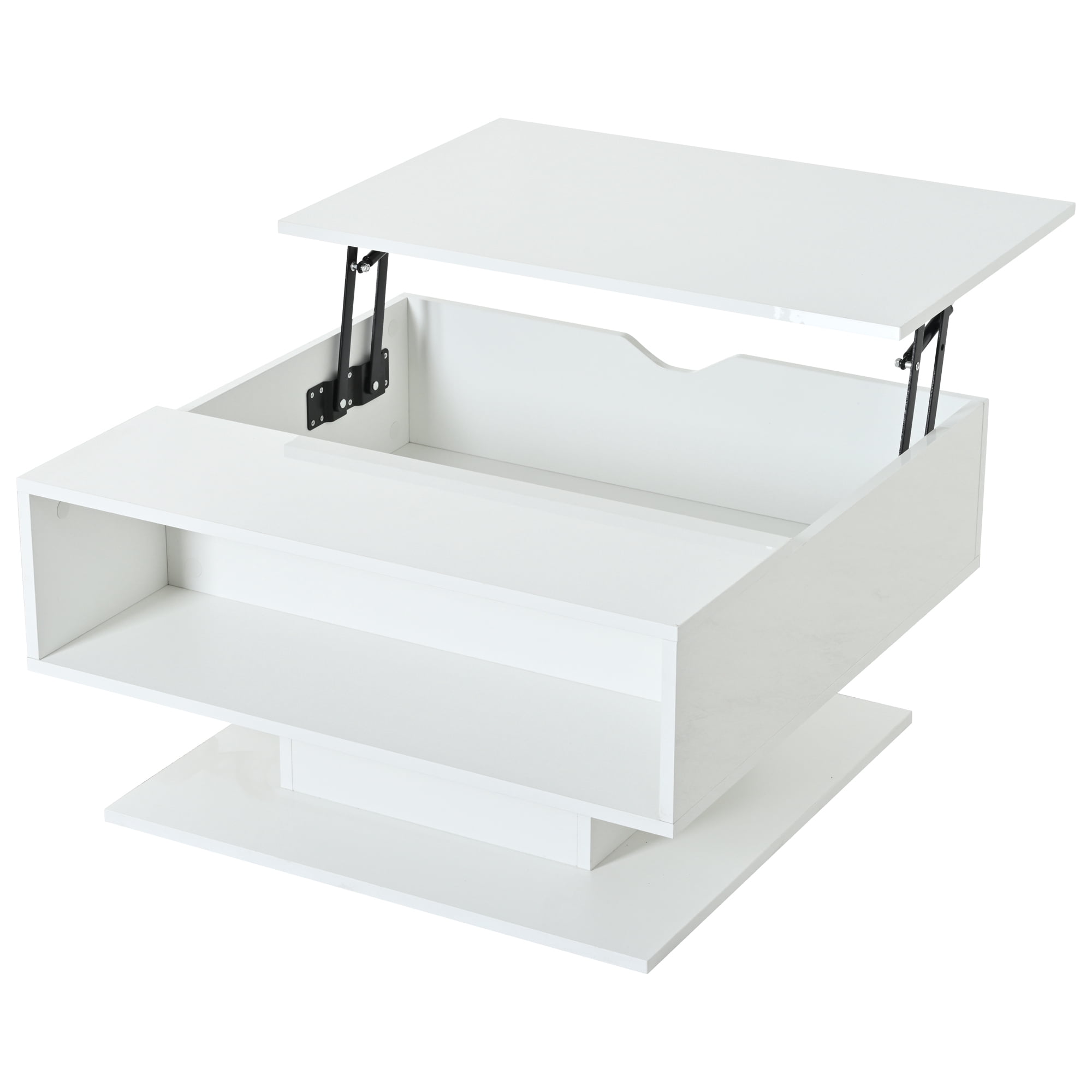 Homy Casa, table basse relevable blanche avec DEL, rangement ouvert et fini haute brillance pour salon