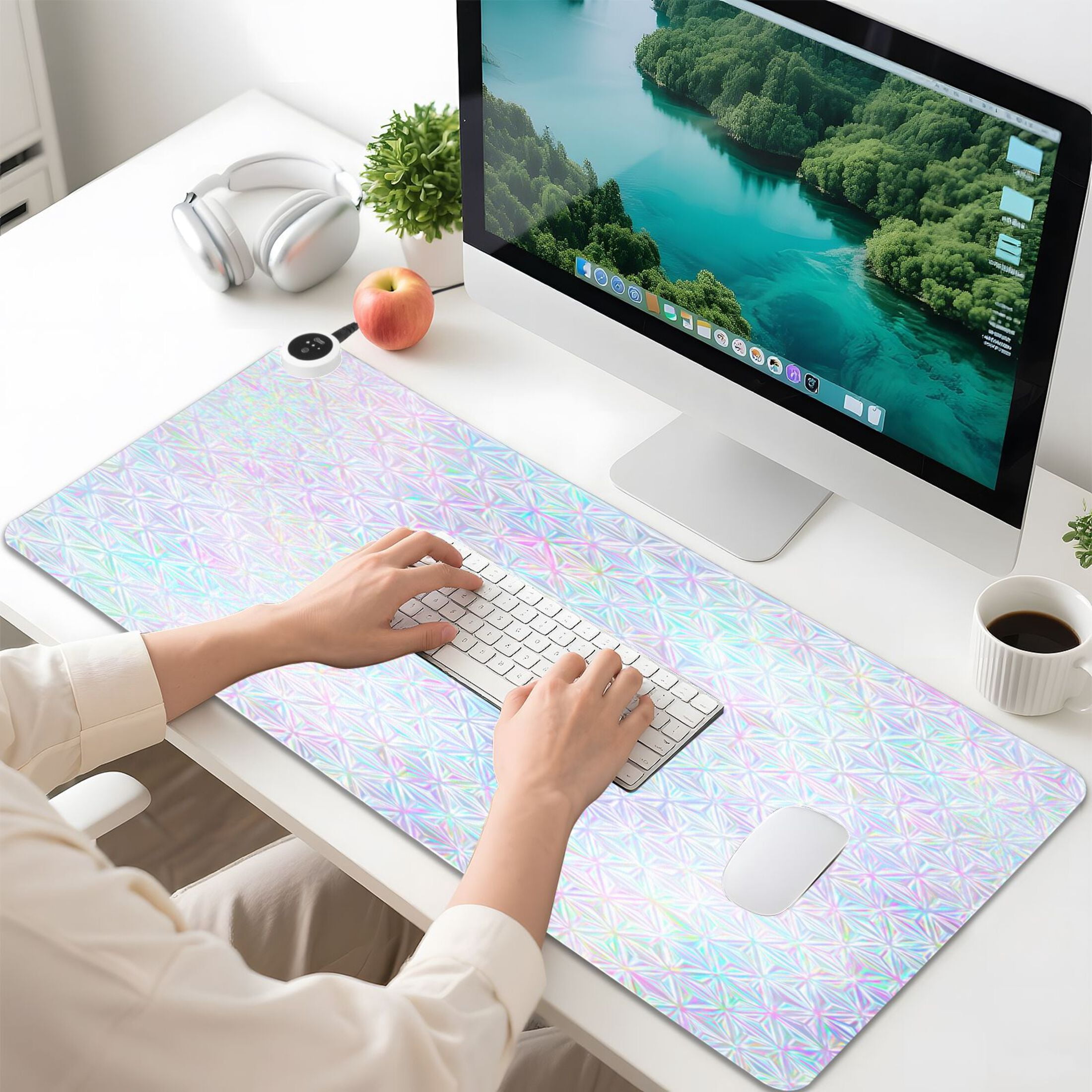 Large Heated Desk Mat Mouse Pad 31.5"x13"PU Leather Graphene Heating Desk Warmer with 3 Temperature Settings 110V US Plug Non-Slip Warm Pad for Home, Office, and Gaming Pastel Prism Star Pattern