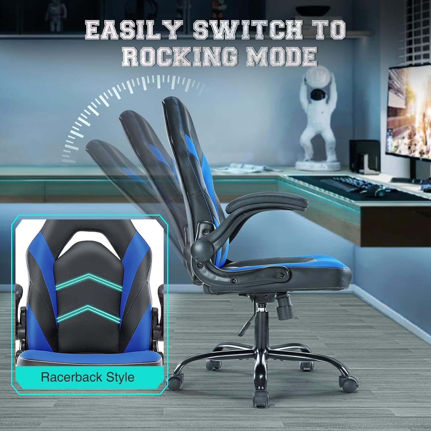 CONCETTA Ergonomic Gaming Desk Chair, PU Leather Adjustable Office Chair for Home or Study, Blue