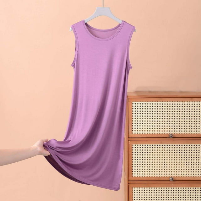 Elvqul Vêtements de Nuit pour Femmes Grande Taille Robe de Nuit en Coton Doux pour Femmes Robe de Nuit Unie Rose pour Femmes Sans Manches