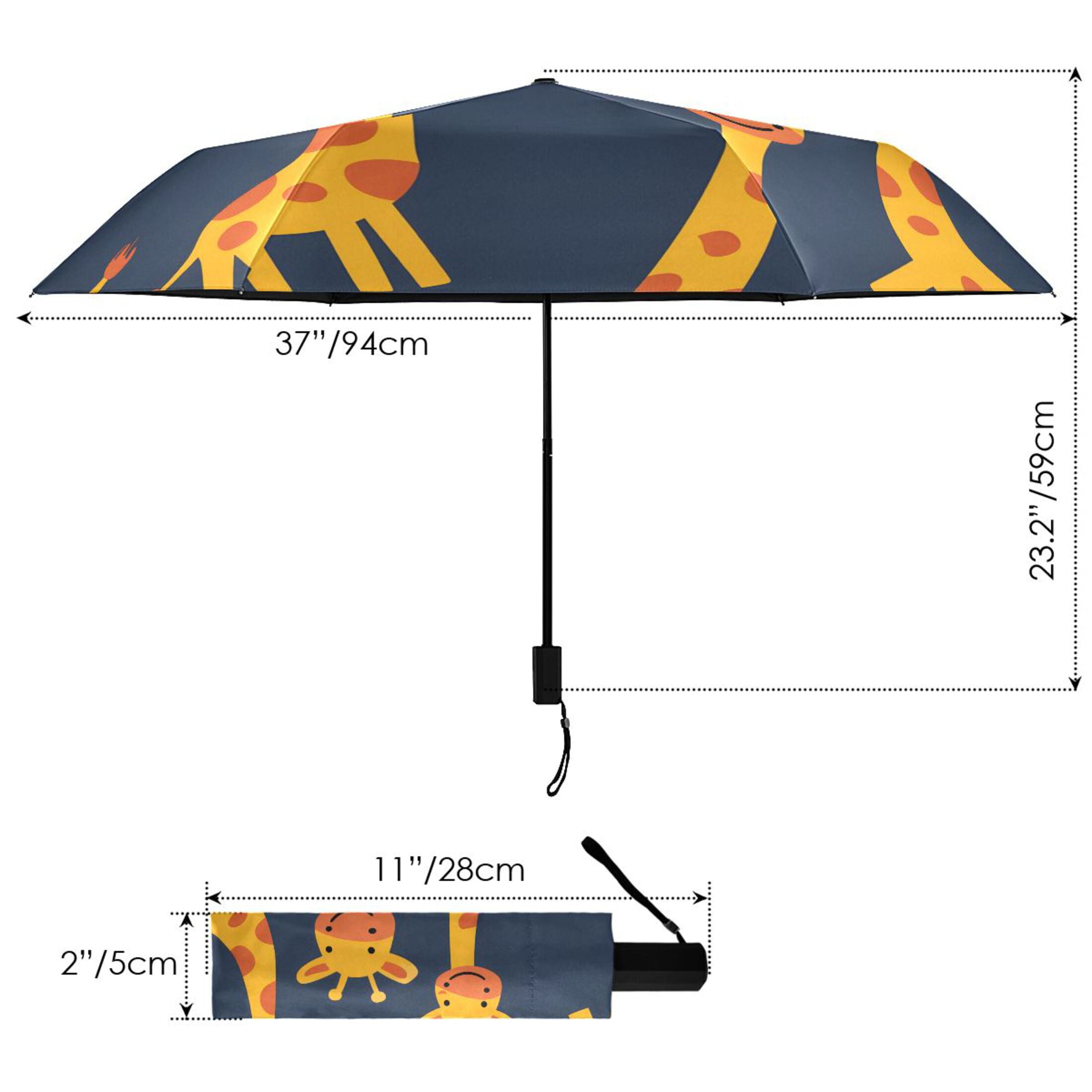 Cute Cartoon Giraffes All Weather Umbrella Triple Folding Parasol 6 Ribs UV Protection Portable