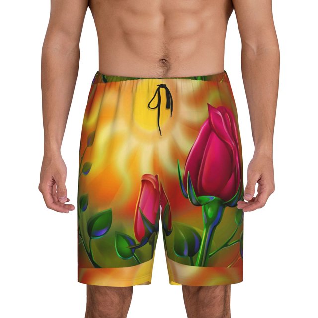 Balery Rose Psychedelic Pantalones cortos de pijama de punto de algodón para hombre con cinturilla y bolsillos-4X-Large