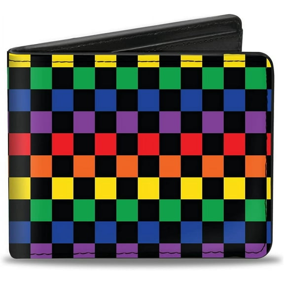 Buckle-Down Wallet, Bifold, Checker Black Rainbow Multi Color, Vegan Leather