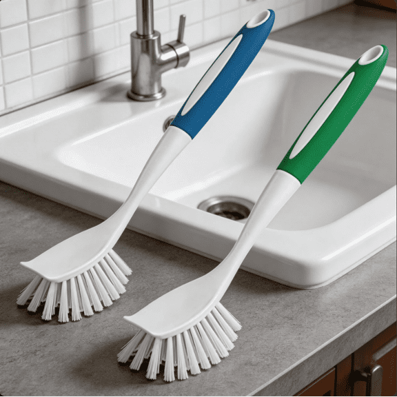 Dish Brush with Handle, 2 Pack Stiff Bristles Dish Scrubber with Built-in Scraper Dish Scrub Brushes for Cleaning Dishes, Pots and Pans, Kitchen Sink