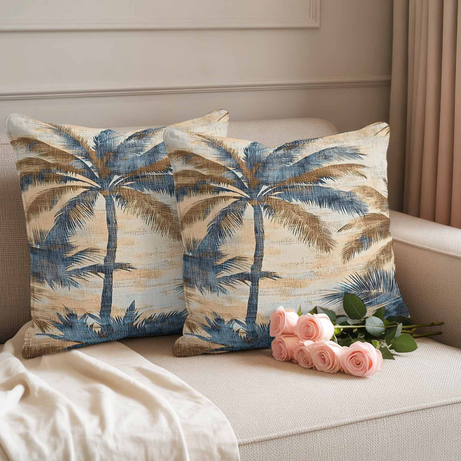 Retro Palm Leaf Outdoor Pillow Covers 20"x20" Set of 2, Brown Blue Tropical Plant Waterproof Throw Pillow Covers for Patio Furniture, Decorative Cushion Covers for Porch