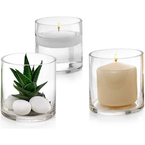 Rawiri Juego de 3 jarrones cilíndricos de plástico con un diámetro de 8 cm y una altura de 10,5 cm - multiusos: velas de columna, portavelas flotantes o jarrones - muy adecuados como decoración de