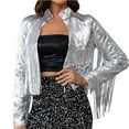 thumbnail image 2 of Silver Fringe Jackets for Women Cropped Sequin Blazer Stand Collar Tight Bomber Jacket for Evening Party, 2 of 8