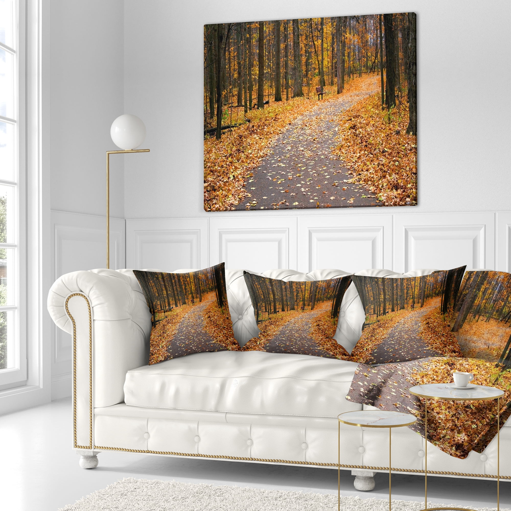 Designart Autumn Walk Way with Fallen Leaves - Modern Forest Throw Pillow - 16x16