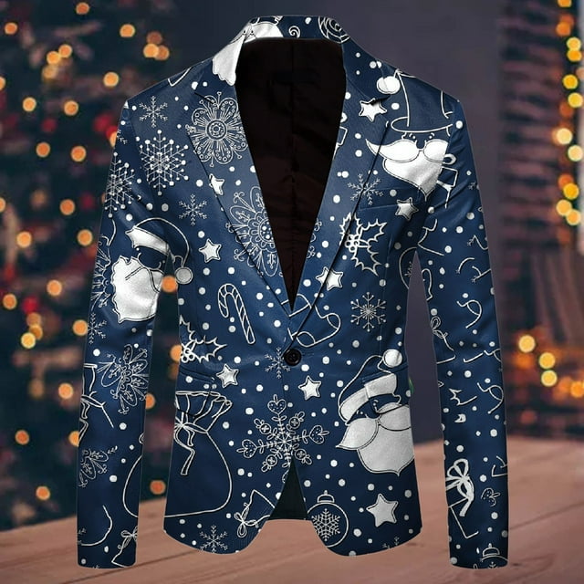 Men Christmas Snowflake Santa Printed Pocket Lapel Button Suit Jacket