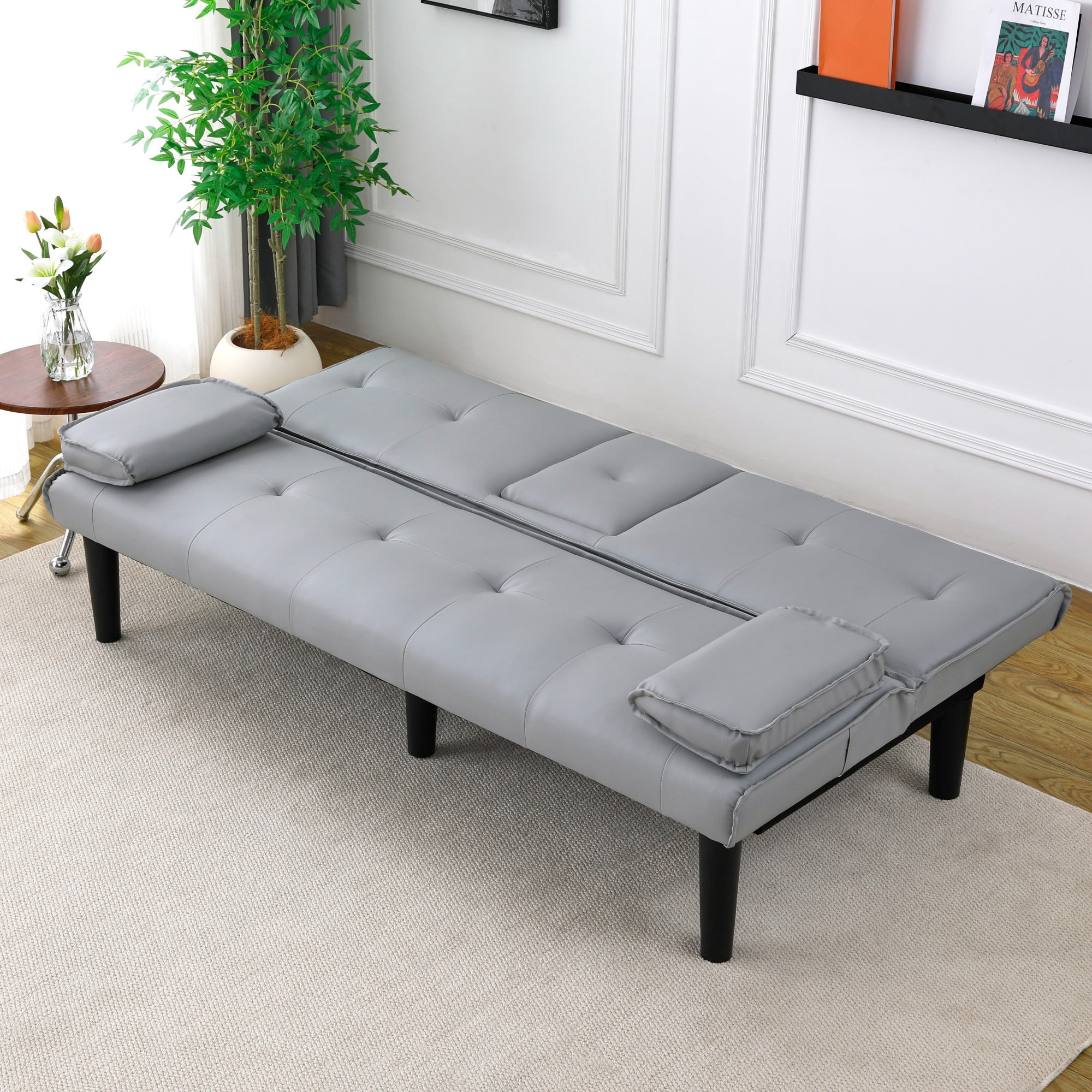 67 inch Futon Sofa Bed Faux Leather Couch Modern Convertible Folding Recliner with 2 Cup Holders for Living Room,Bedroom,Light Gray
