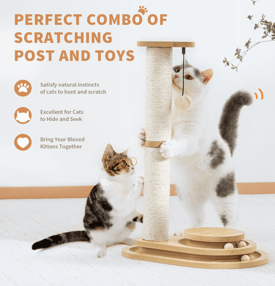 Cat Scratching Post Cat Scratcher Kitten Toys for Indoor Cats Wooden Ball Track Two-Layer Modern Sisal 23.4" Tall Scratch Post Interactive Toy with Dangling Ball Middle Size