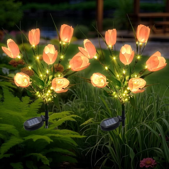 Fohil Solar Garden Lights 2 Pack,Solar LED Lights Outdoor Waterproof with 7 Tulip Flowers,for Garden Yard Lawn Patio Pathway
