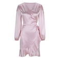 thumbnail image 2 of Kaemgyyd Women's Satin Silky Dress Soft Comfy Wrap V Neck Tie Waist Cocktail Dress Elegant Long Sleeve Solid Mini Short Dress, 2 of 6