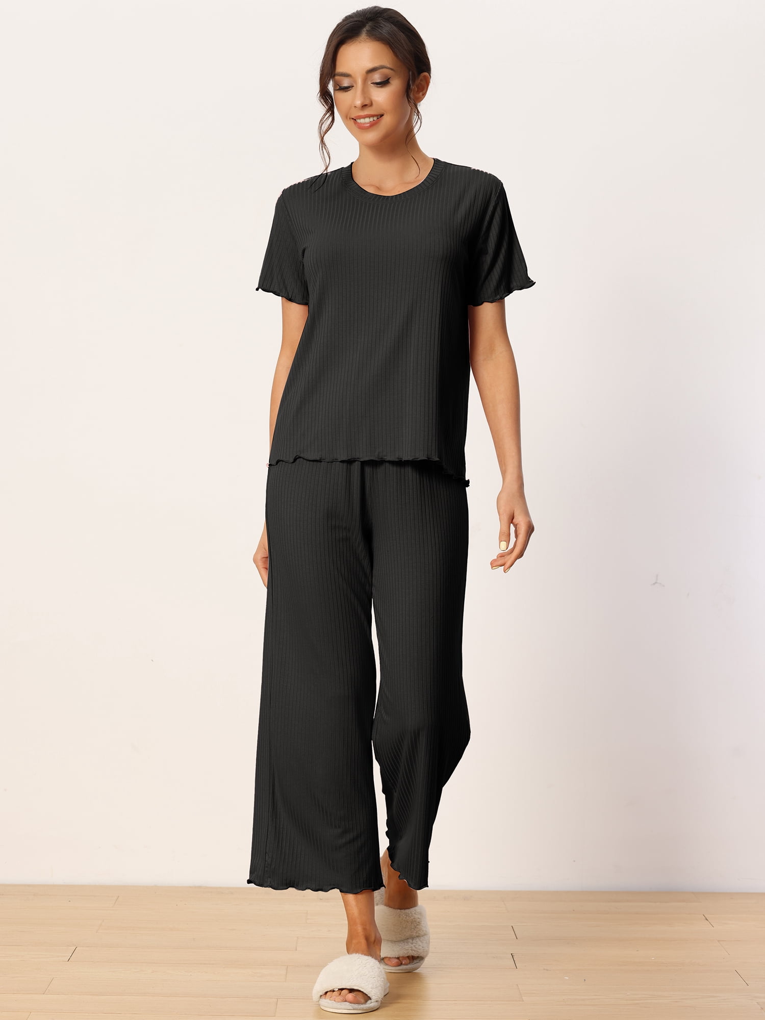 DARING DIVA Women's Ribbed Knit Round Neck Short Sleeve Pajamas Set M Black