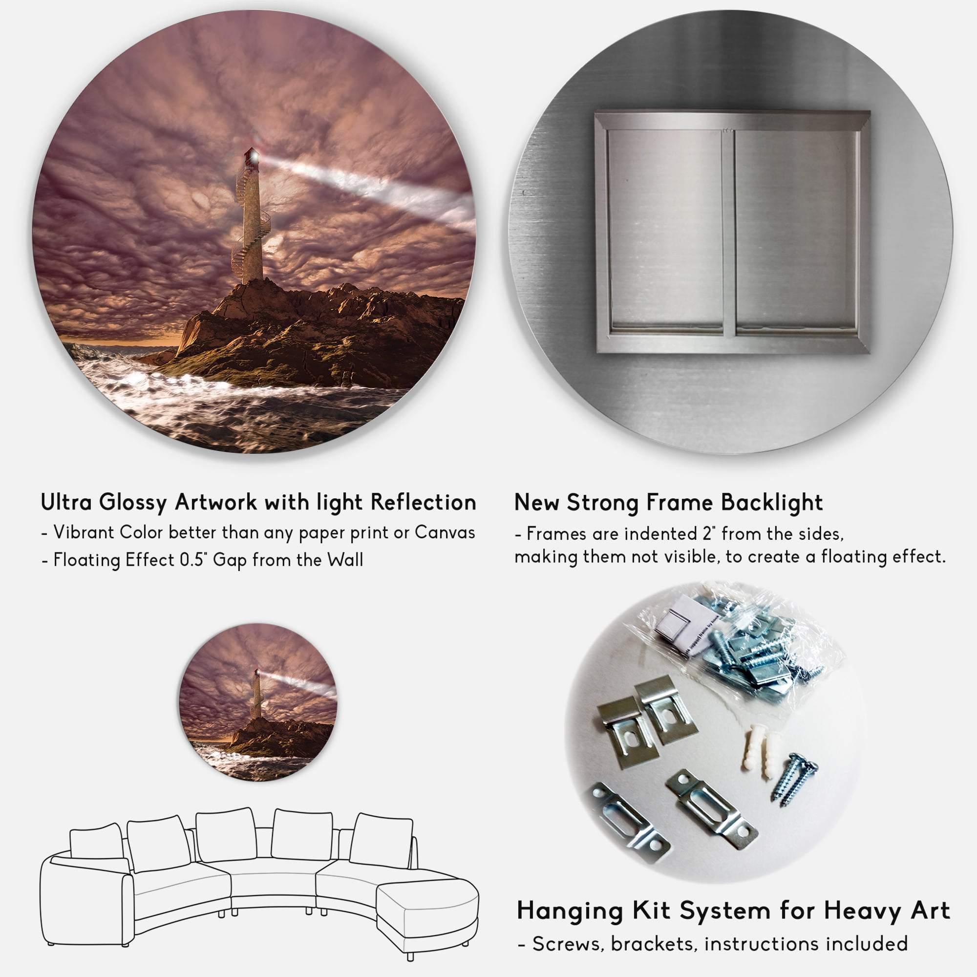 Designart 'Lighthouse Shining Light During Stormy Clouds Night I' Nautical & Coastal Circle Metal Wall Art 11x11 - Disc of 11