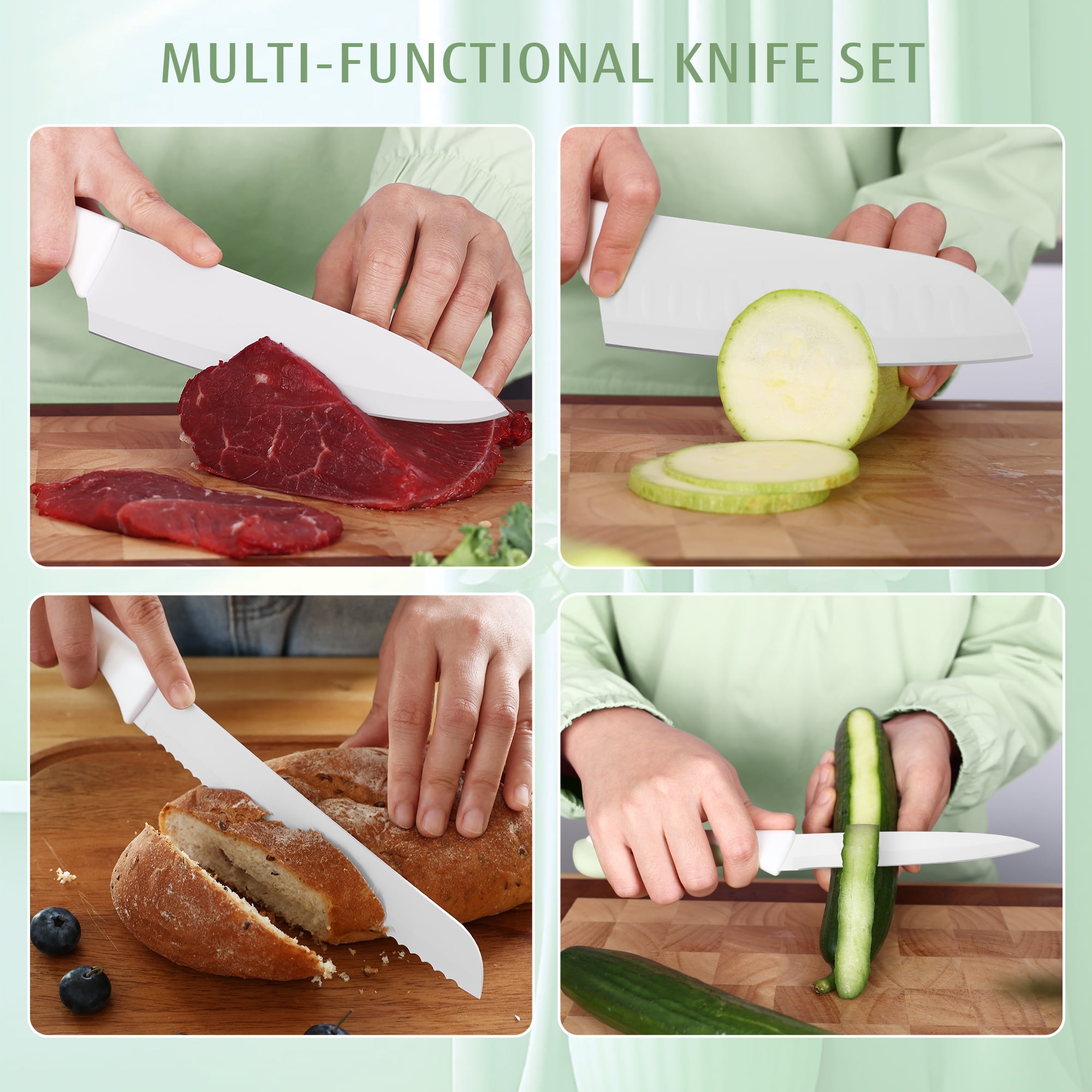Hecef 15-Piece Stainless Steel Knife Set with Block, Food-Grade Non-Stick Coating