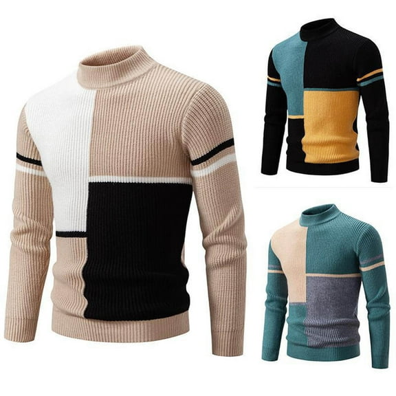 WAENQINLA Men's Sweaters Fashion Color Block Long Sleeve Causal Knitted Sweaters Fall Winter Knitwear Green XXL