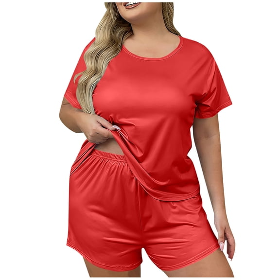 QSAWXQZ Women's Plus Size 2 Piece Pajama Set Short Sleeve Crew Neck Top Elastic Waist Shorts Sleepwear Soft Loungewear for Summer Red 3XL