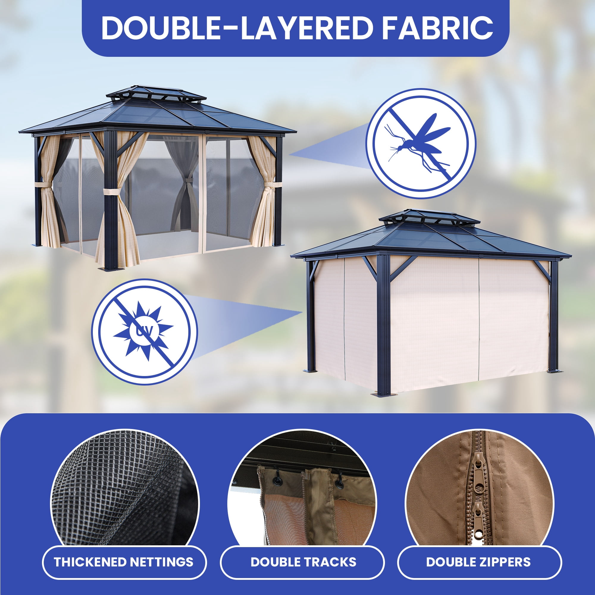 Dextrus 10x12ft Double Roof Hardtop Gazebo with Netting & Brown Curtains,Outdoor Aluminum Frame Polycarbonate Canopy,Garden Tent for Patio, Backyard, Black&Brown