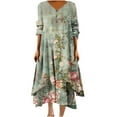 thumbnail image 2 of Drses Women Midi Dress Casual Loose Printed Irregular Buttoned Hem V-Neck 3/4 Sleeve Pleated Summer Dresses, 2 of 5