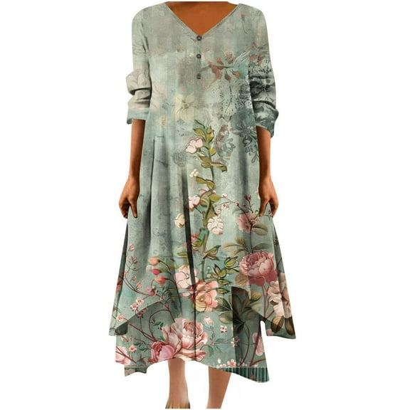 BangWanChi Maxi Dresses for Women Red White and Blue Dress for Women Work Dresses for Women Women Casual Loose Printed Irregular Buttoned Hem V-Neck 3/4 Sleeve Dresses