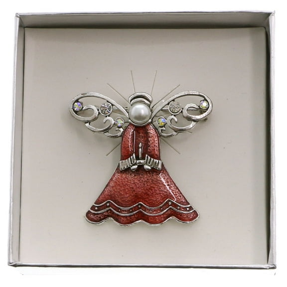 Mi Amore Crystal Accented Christmas Angel With Candle Boxed Brooch-Pin Red/Clear