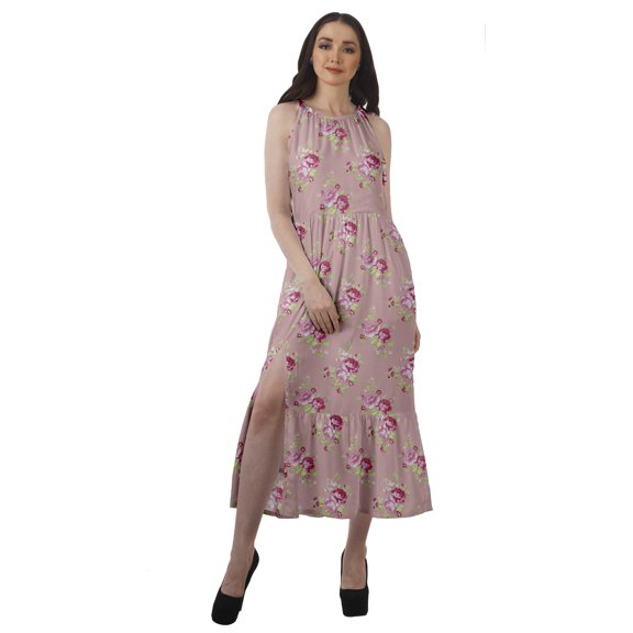 Moomaya Sleeveless Halter Neck Maxi Dress Printed Front Slit Women Summer Dress