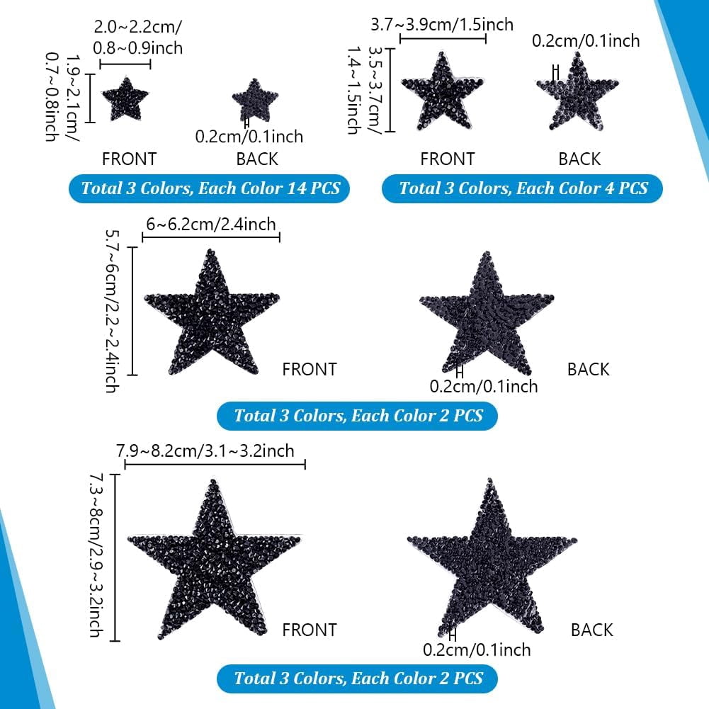 PH 66pcs 4 Sizes 3 Colors Star Patches Iron on Patches Star Hat Patches Bling Star Patches Adhesive Appliques Repair Rhinestone Applique for Dress Clothes Jeans Home Decoration Colorful DIY