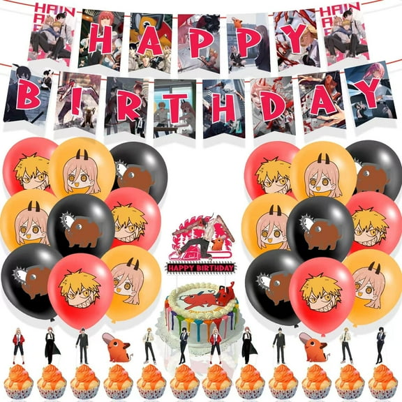 Chainsaw Man Theme Birthday Party Supplies Set with Happy Birthday Banner, Cake Topper, Cupcake Topper, Balloons