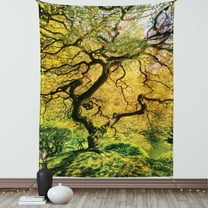 Japanese Tapestry, Shadows of Large Maple along with River with Sun Rays Fall Season Nature Theme, Wall Hanging for Bedroom Living Room Dorm Decor, 60W X 80L Inches, Green Yellow, by Ambesonne
