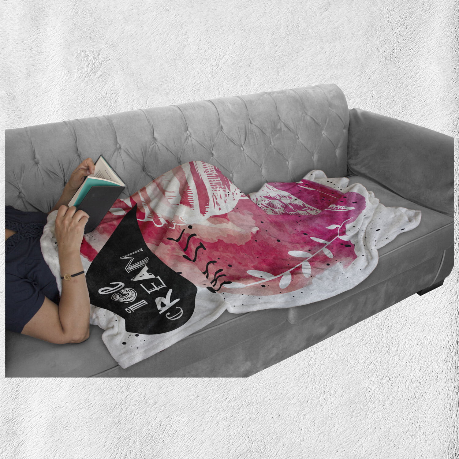Cozy Plush for Indoor and Outdoor Use 60 x 80 Ambesonne Ice Cream Soft Flannel Fleece Throw Blanket Yummy with Try It Words Paintbrush Watercolor Artwork Illustration Pink Black White