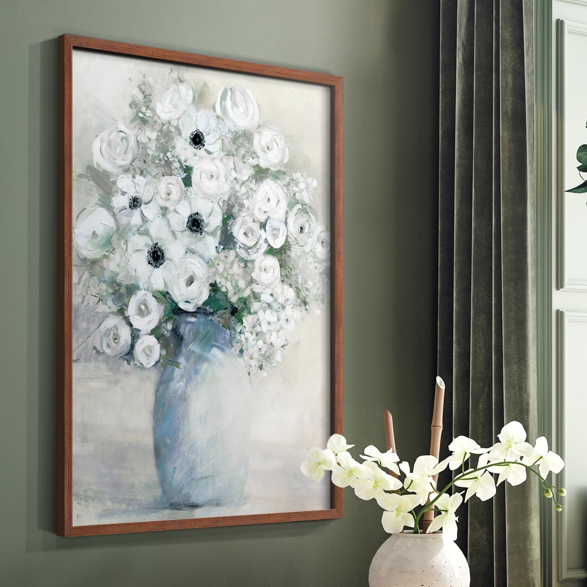 White Anemone Bouquet Framed Print in Brown Solid Wood 8 x 10 Framed Print