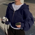 thumbnail image 2 of Zip Up Hoodie Women Cropped Sweatshirts Long Sleeve Drawstring Hooded Jacket (Navy S), 2 of 5