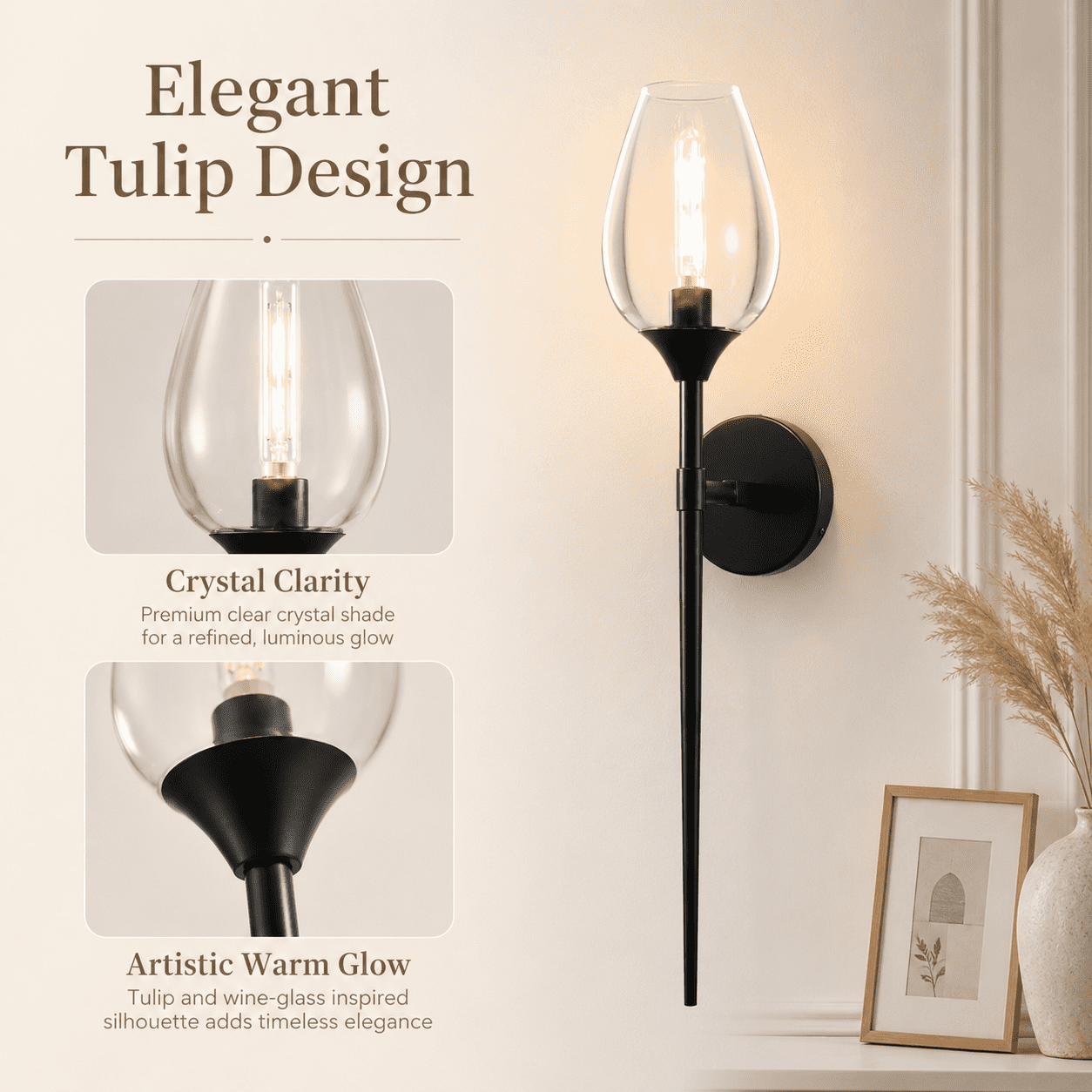Laybasic 23.8" Modern Glass Wall Sconce Set of 2 with E14 LED Bulb Included, Elegant Wine Glass Shade Bathroom Vanity Light, Black Finish Decorative Wall Lamp for Bedroom Living Room Hallway Mirror