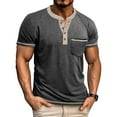 thumbnail image 1 of European Color Blocked Men's Casual Short-Sleeved T-Shirt - Button Open Neck, Pocket Design, 1 of 5