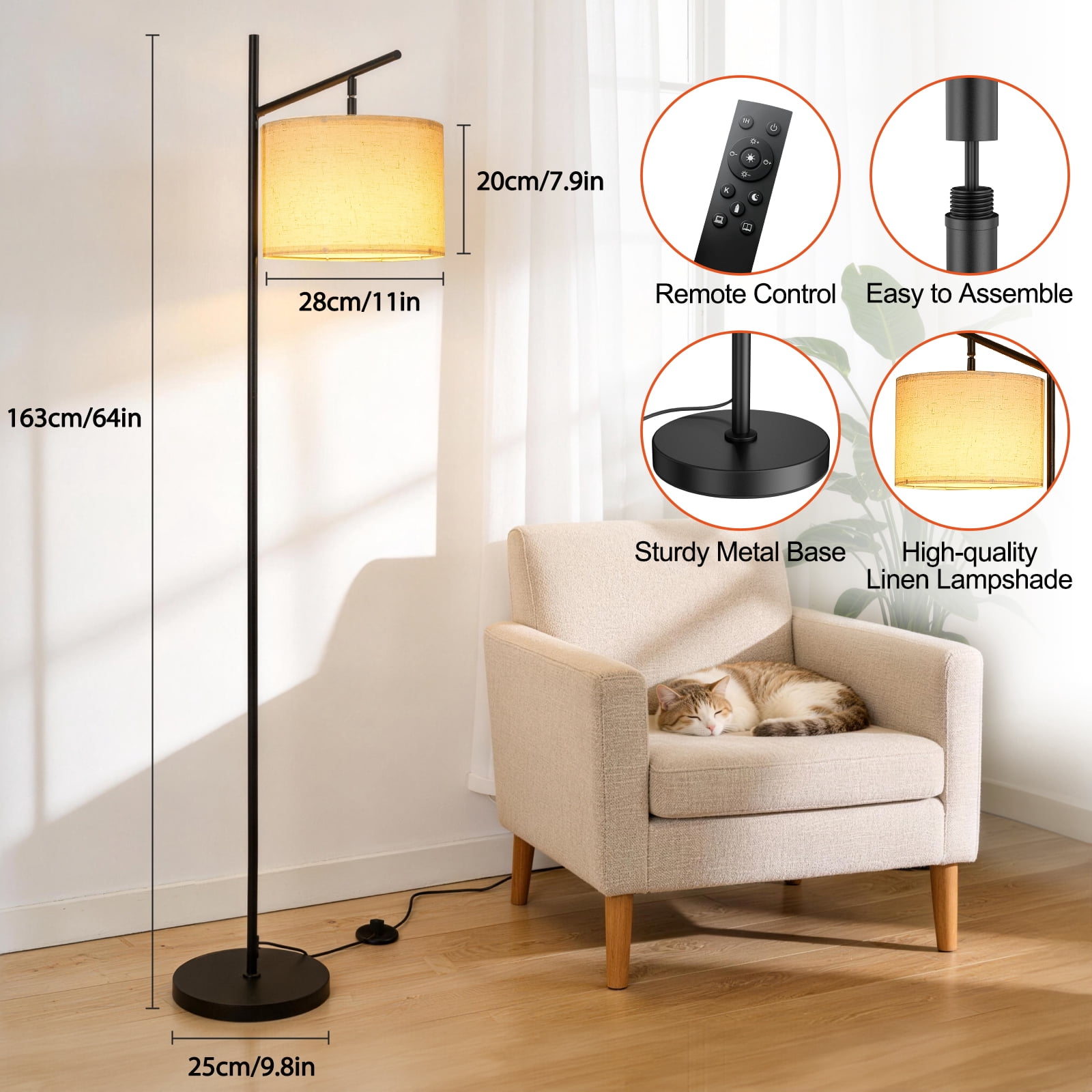 64" Floor Lamps for Living Room with Remote Control 3 Color Temperature Dimmable Standing Lamp Tall Pole Lamps for Bedroom, Office,Gold,Bulb Included
