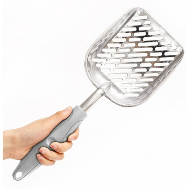 Pala de metal para arena de gatos, pala de aleación de aluminio con mango de goma para mascotas, pala tamizadora duradera.