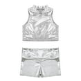 thumbnail image 4 of Alvivi Kids Girls Dance Outfits Shiny Metallic Crop Tank Top Vest Shirts with Shorts Bottoms Set Silver 6, 4 of 5