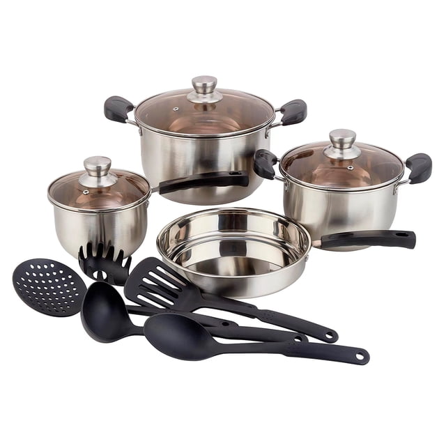 Bateria de Cocina Ambient 21 Juego de Cacerolas Acero Inoxidable Utensilios Nylon Dorada