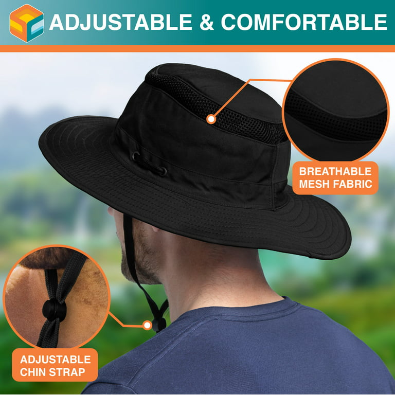 SUN CUBE Wide Brim Sun Hat for Men Outdoor Sun Protection Boonie Hat |  Adjustable Fit, Breathable Summer Hat for Safari Hiking Fishing - Black