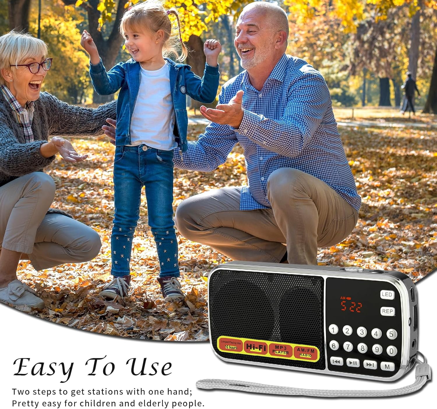 Portable AM/FM Radio with MP3 Player, Flashlight & Rechargeable Battery - Hands-Free Strap for Emergency, Outdoor, Camping