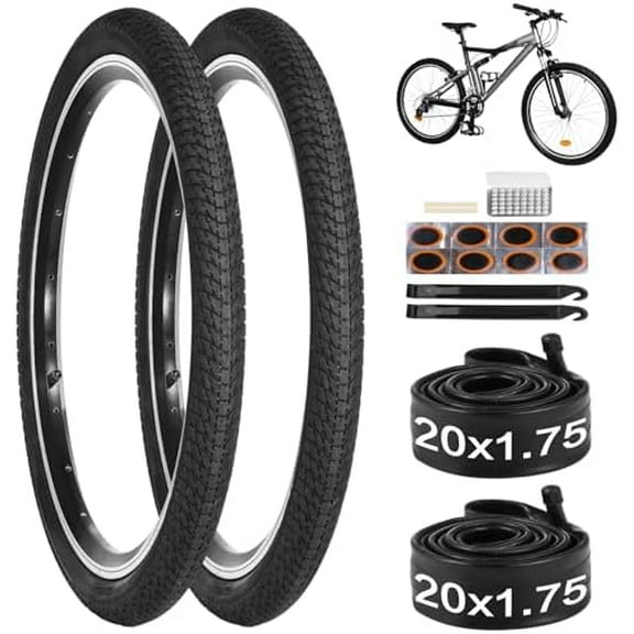 20 Inch Bike Tire, 2 Pack 20x1.75 Bicycle Tires & 20x1.5-1.75" Bike Tubes with Repair Kit, 20x1.75 Mountain Bike Tire Replacement, Rubber Tires for MTB Off-Road Bike