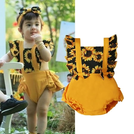 

Toddler Girls Sleeveless Sunflowers Print Patchwork Romper Bodysuit Casual Clothes Yellow 100