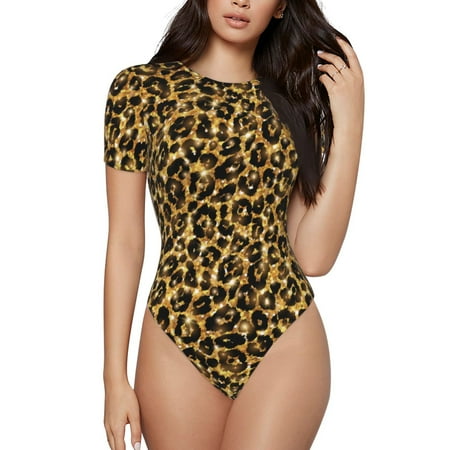 Daiia Gold Glitter Leopard Women S Crew Neck Short Sleeve Slim Fit T Shirts Tops Basic Bodysuit Leotard Clothing-Medium